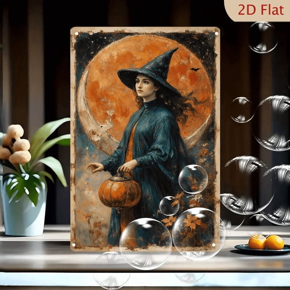 Vintage Witch Lantern Halloween Wall Art, 8x12 Inch Metal Tin Sign, Dark Blue Robe & Pumpkin Moon Night Sky Poster for Home Decor