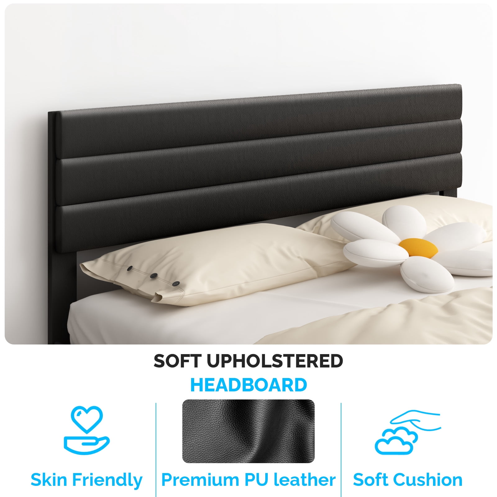 UBesGoo Bed Frame Full Size Upholstered Platform Bed Frame with Headboard,  Mattress Foundation with Wood Support, Black