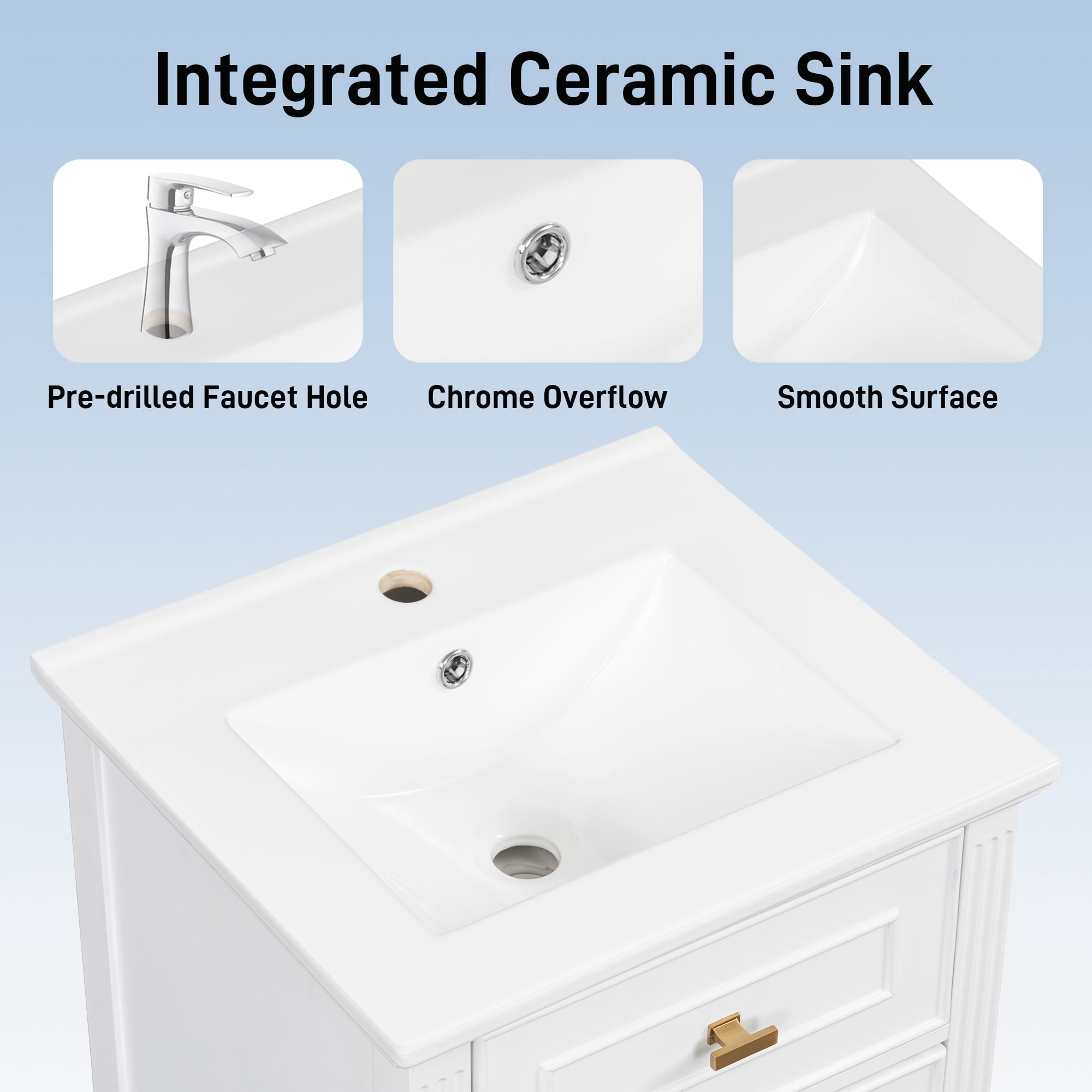 Euroco 20" Bathroom Vanity with Integrated Ceramic Sink, Soft-Close Hinges and Drawer Storage, Solid Wood Legs