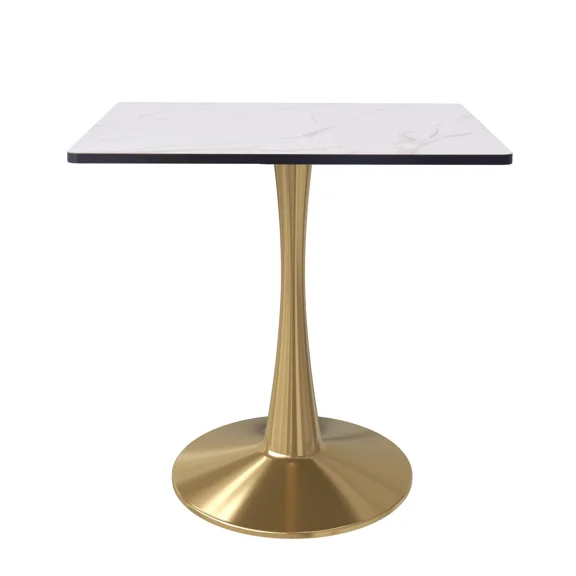 LeisureMod Bristol Square Dining Table with Marbled White MDF Top and Gold Steel Pedestal Base for Modern Kitchen and Dining Room