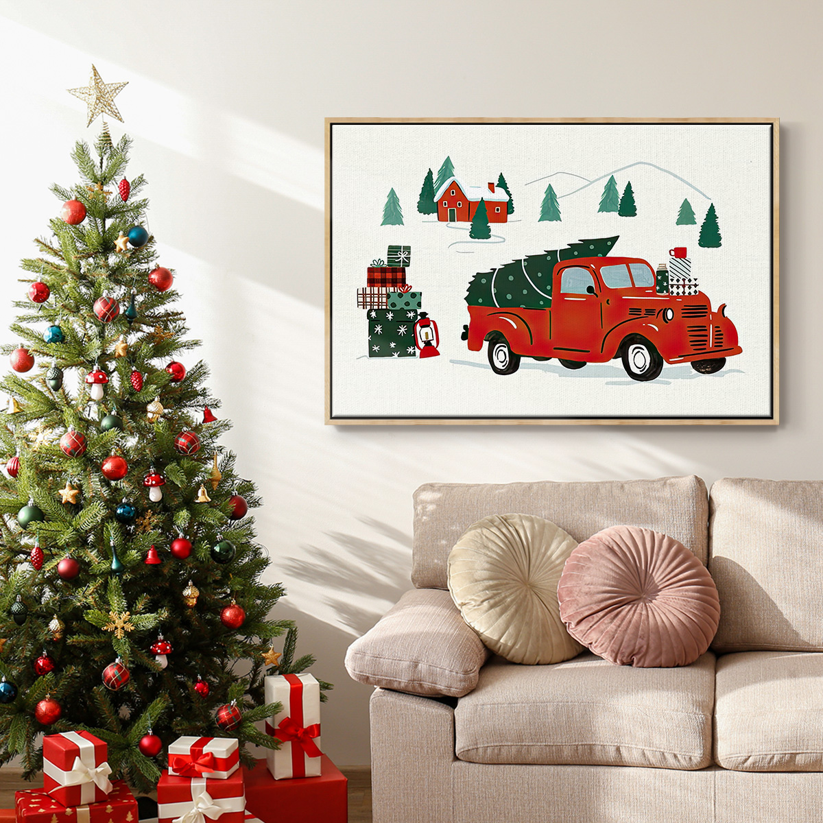 Going to Grandmas Collection A - Framed Gallery Wrapped Holiday Canvas - 17 x 25 - Natural Wood Frame