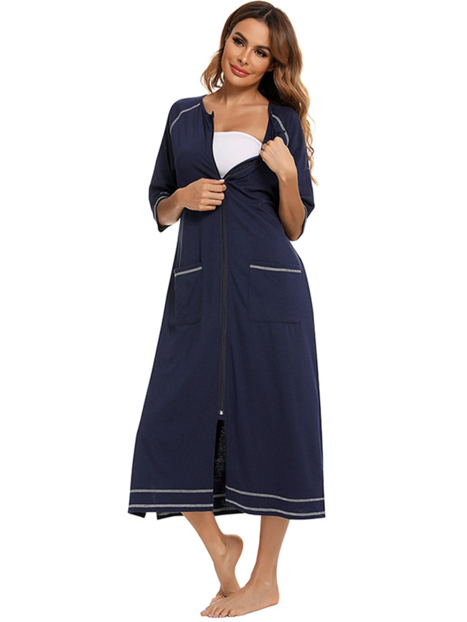 Women Zipper Robes Full Length Nightgowns Cotton Loose Housecoat Half