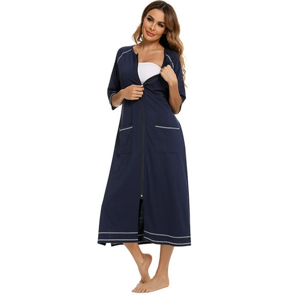 Women's Zip Up Ankle Length Robes Half Sleeve Zipper Bathrobe Cotton House Coat with Pockets,Plus Size Striped O-neck House Coat Loungewear Long Nightgown Housedress for Breastfeeding,S-XXL Blue