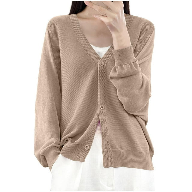 Womens Button Down Knit Cardigans Long Sleeve V Neck Casual Cardigan Sweaters Light Weight Loose Lounge Wear Fall Khaki, M