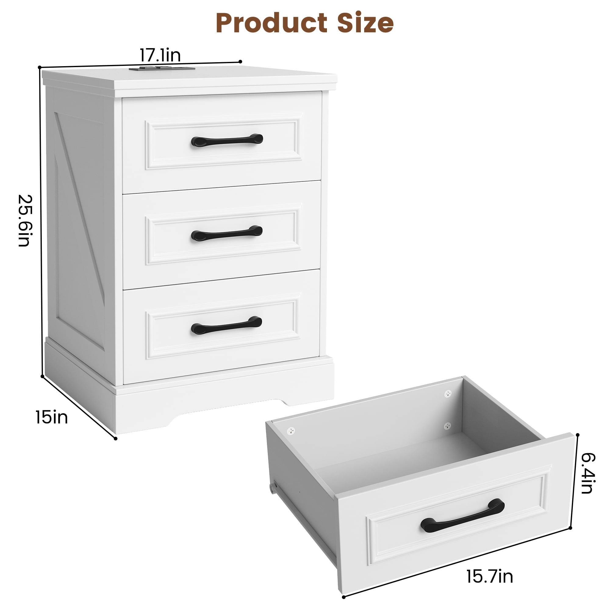 Nightstand, Farmhouse End Table with Charging Station, 3 Drawers Storage for Bedroom