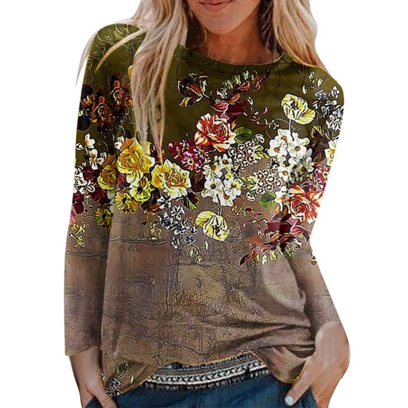 My Items Shirts for Women Women's Long Sleeve Shirts Womens Long Sleeve Tops Casual Blouse Crew Neck Shirts Tunic Basic Floral Printed Tee Shirts S