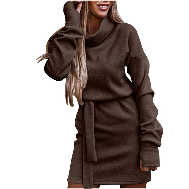 Robes à Manches Femme Couleur Unie Ceinture Manches Longues Mode Navettage Robes d'Automne Longues Robes Décontractées