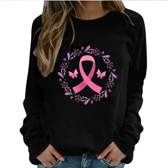 SOOMLON Breast Cancer Awareness Women's T-Shirt Breast Cancer Awareness October Pink Tops T-Shirts Printed Loose Tops Women Clothes Long Sleeve Round Neck Pink Shirts for Women Sexy L