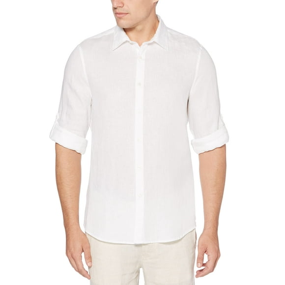 Camisa Perry Ellis de Manga Larga en Lino Sólido para Hombre - Blanca