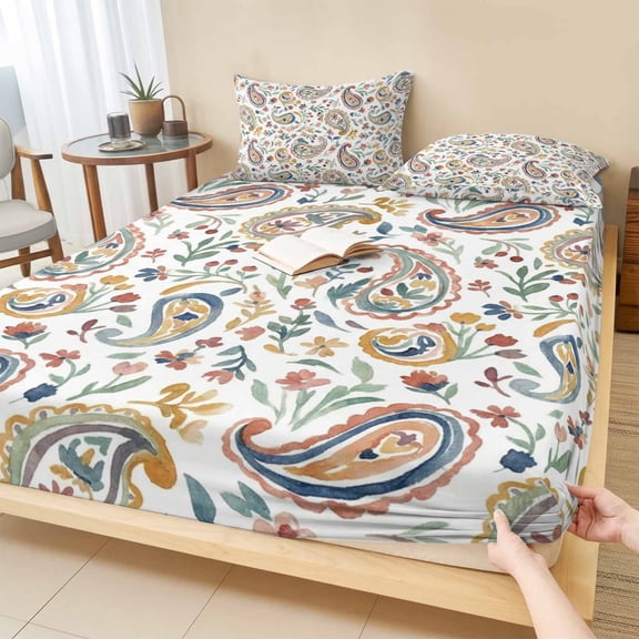 Full Size Fitted Sheet Set - Paisley Flower 3 Piece Bedding Sets 16" Deep Pocket Fitted Sheet with 2 Pillowcases Spring Watercolor Country Floral Leaf Plant Brushed Microfiber Hotel Luxury Bed Sheets