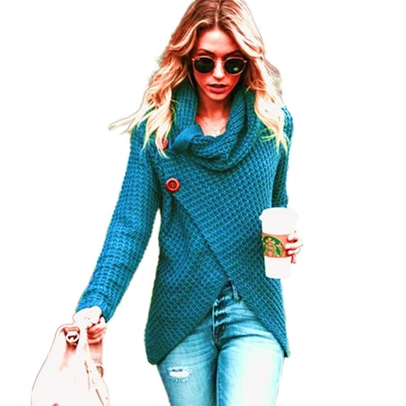 KZKR Womens Long Sleeve Button Sweaters Pullover Cowl Neck Casual Knitted Wrap Lightweight Sweaters Jumper