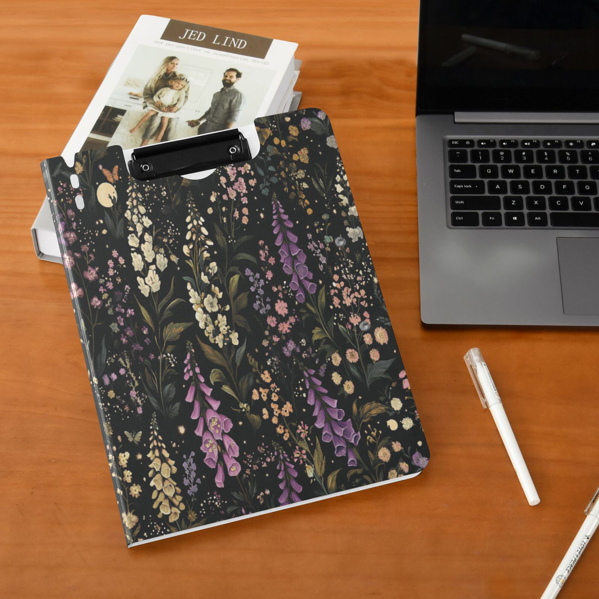 FORMRS A4 Clipboard Folder with Pen Holder Horizontal Foldable School Office Binder, Purple Floral Pattern
