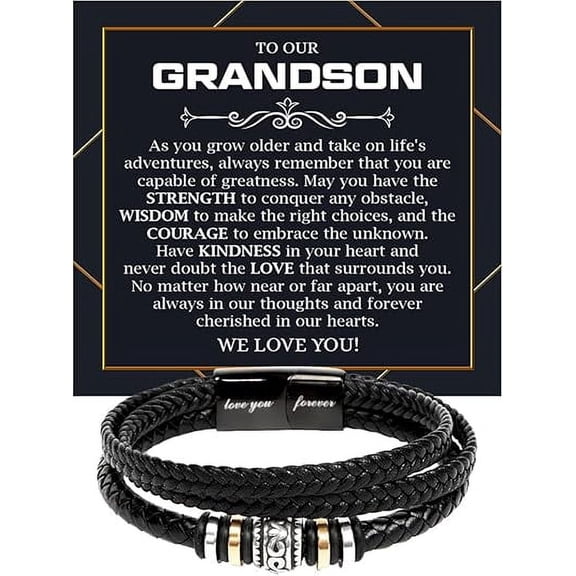 Grandson Birthday Gift, Leather Bracelet for Grand Son, Bracelet for Grandson from Grandparents, Birthday Gift Bracelets with Message Card and Gift Box, To My Grandson Bracelet