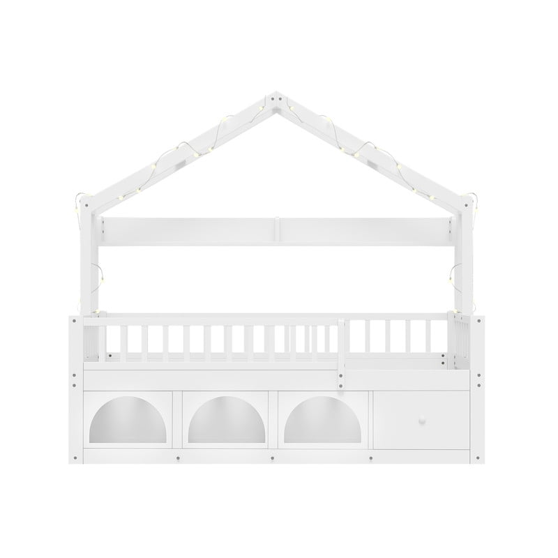Twin Size Kids Montessori Floor Bed Frame with Guardrail & Drawer, Children House Platform Bed with LED Light & Small Cat Bed