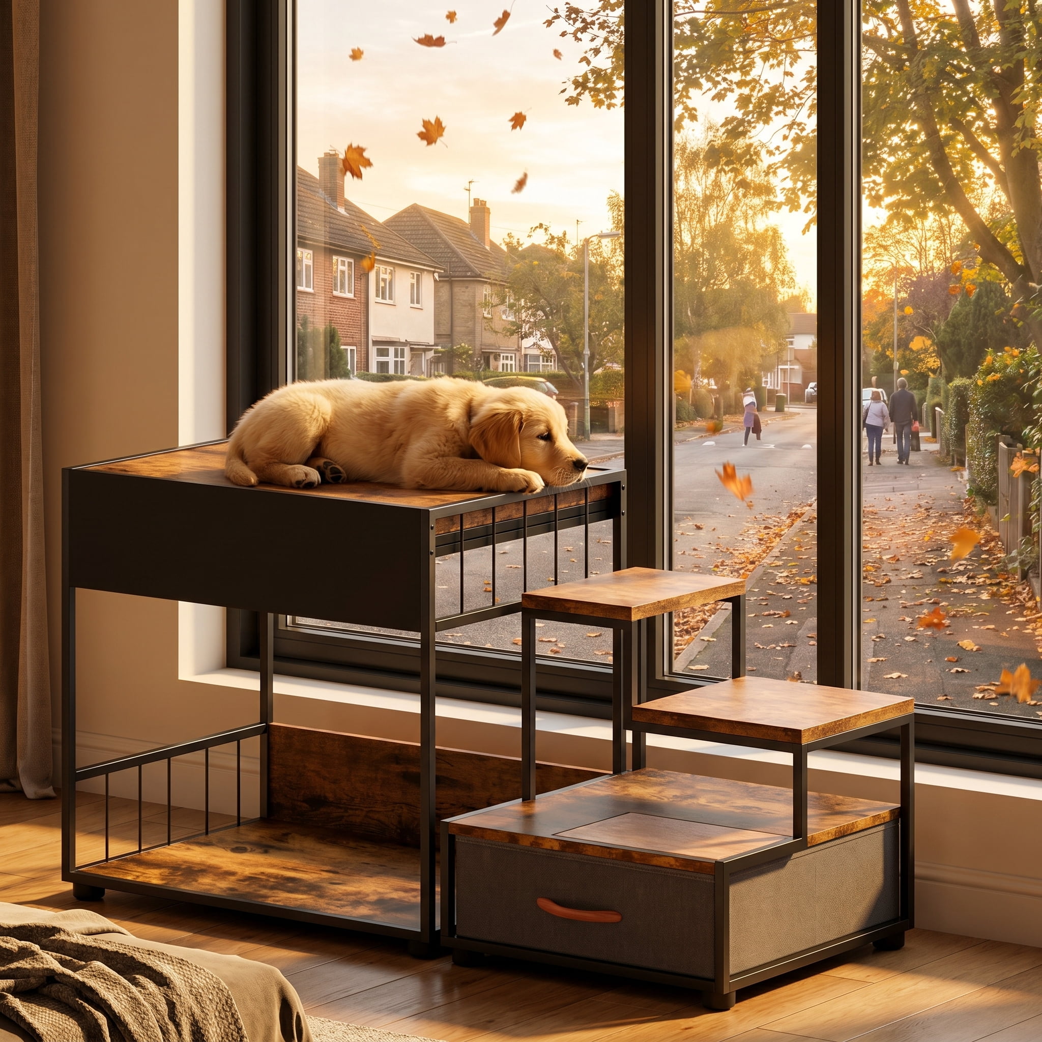 Pet Step Window Perch for Dogs and Cats, 47.2 in Multi-Level Bedside Pet Stairs with Storage Drawer, Non-Slip Pad, Vintage Brown