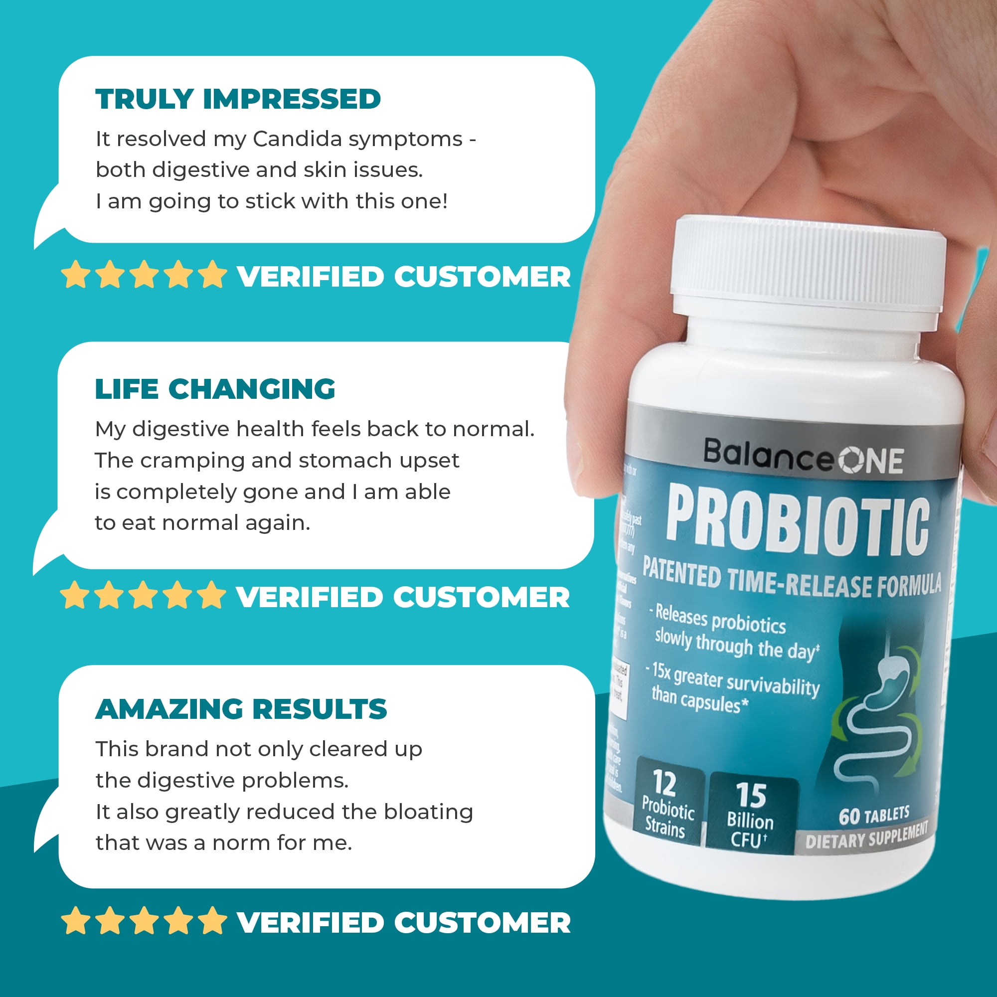 Balance ONE Time-Release Probiotic, 15 Billion CFUs, 12 Strains, Vegan, Gluten-Free, 60 Tablets