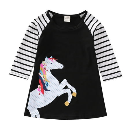 

QIPOPIQ Outfit Dress for Girls Clearance Toddler Kids Baby Girls Long Sleeve Cartoon Horse Stripe Princess Party Dress