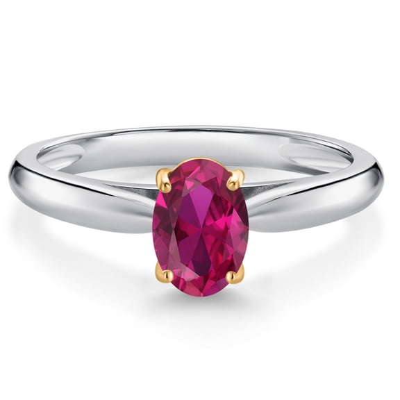 Gem Stone King 10K White and Yellow Gold Red Created Ruby Solitaire Engagement Ring for Women (0.85 Cttw, Oval 7X5MM, Gemstone July Birthstone, Size 6)