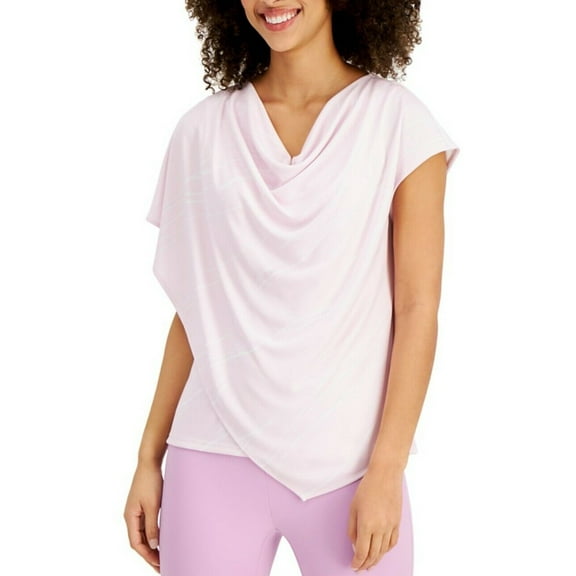 Alfani Women's Asymmetrical Draped Top Pink Linear Breeze Short Sleeve Size L
