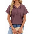 thumbnail image 2 of Women Summer Tops Waffle Knit Short Sleeve Drawstring Hoodies Button V Neck Casual Blouses Shirts Brick Red XL, 2 of 9