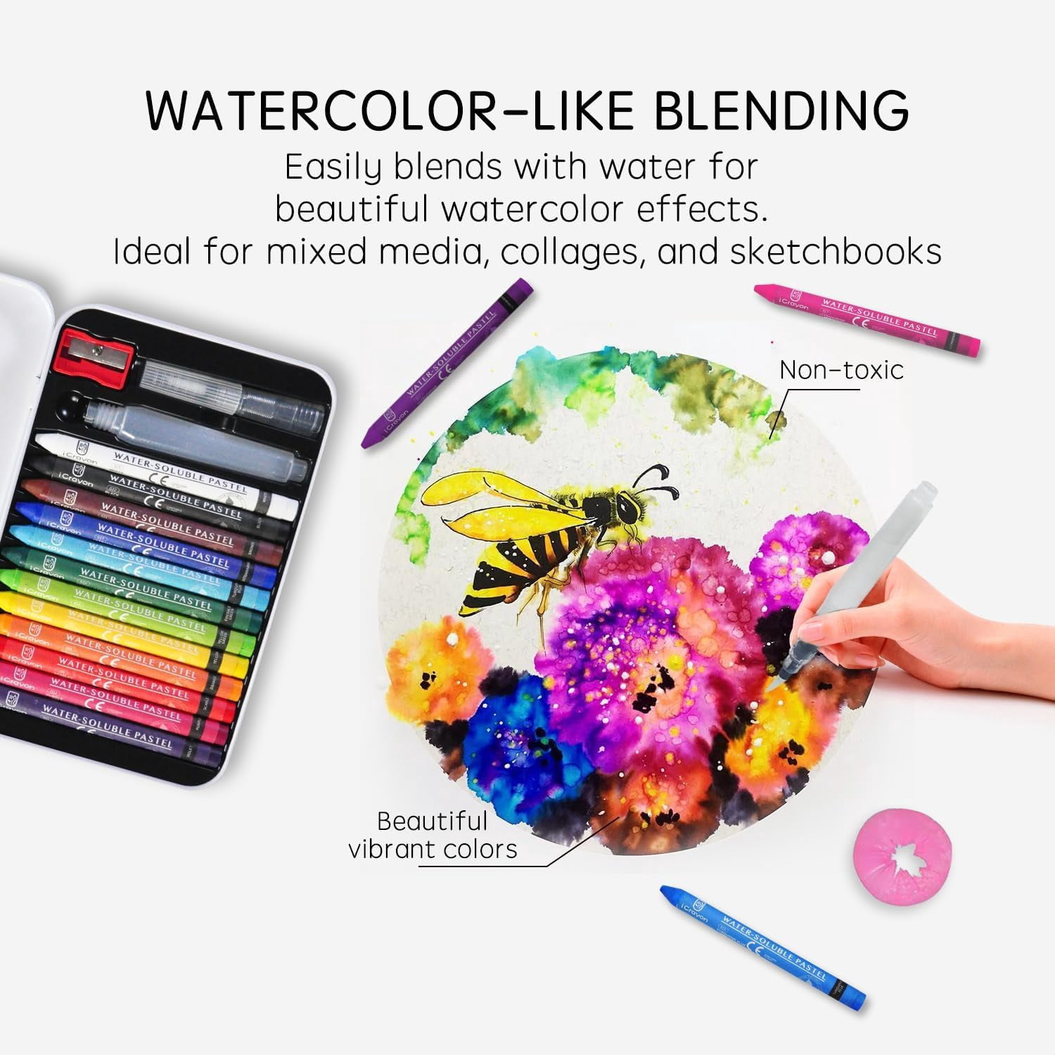 12 Colors Water-Soluble Pastel Crayons Set, Multi-Technique Art Kit with Brush & Palette, Versatile for Watercolor, Oil Ink Effects, Easy Blending Beginners, Sketching Creative Drawing