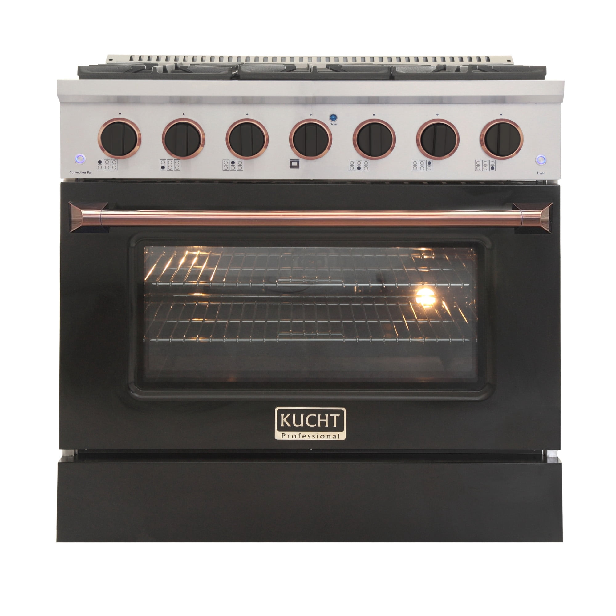 36 in. 5.2 cu. Dual Fuel Range for Natural Gas in Rose Gold Handle & Knob Rings.