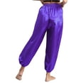 thumbnail image 2 of TiaoBug Womens Belly Dance Pants Elastic Waistband Satin Harem Pants Dancing Tribal Latern Bloomers Pants Purple L, 2 of 7
