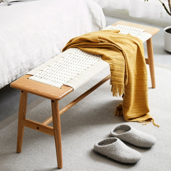 White Oak Wood Dining Bench - Handwoven Cane Seat, Fits Different Room Settings Solid Bed North American With Seat For Bedroom & Bathroom