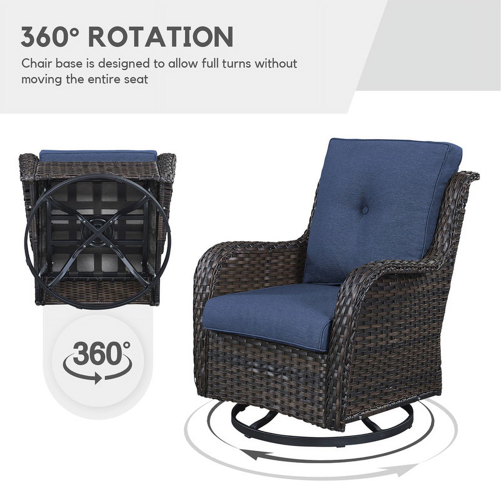 PARKWELL 5-Piece Outdoor Conversation Sets,Wicker Swivel Gliders with Ottomans,Side Table,Patio Seating Furniture with Blue Cushions,Brown Wicker