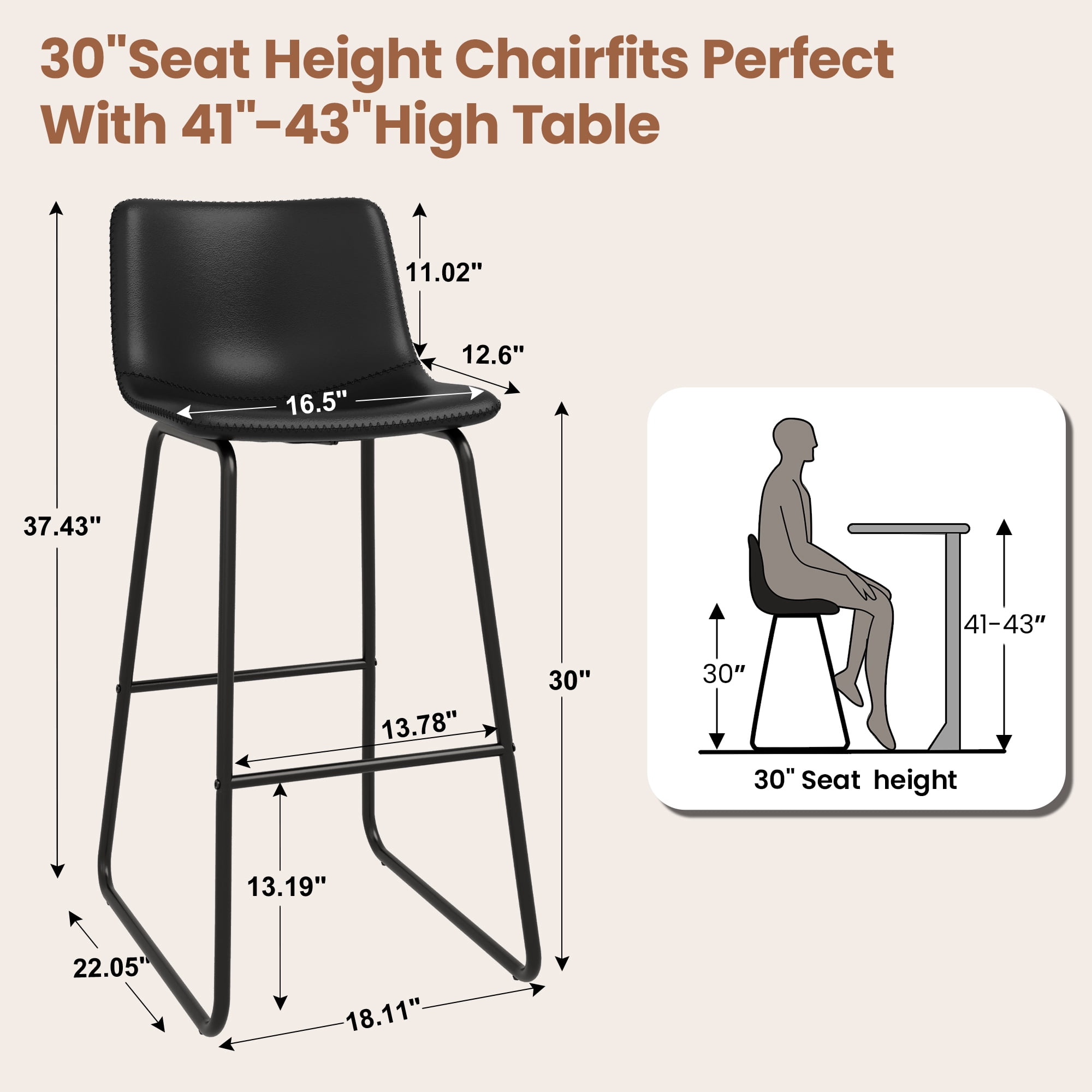 Aufeile 30" Counter Height Bar Stools Set of 2 – Modern Faux Leather Barstools with Back & Metal Legs, Kitchen Bar Chairs for Island, Dining Room, Black