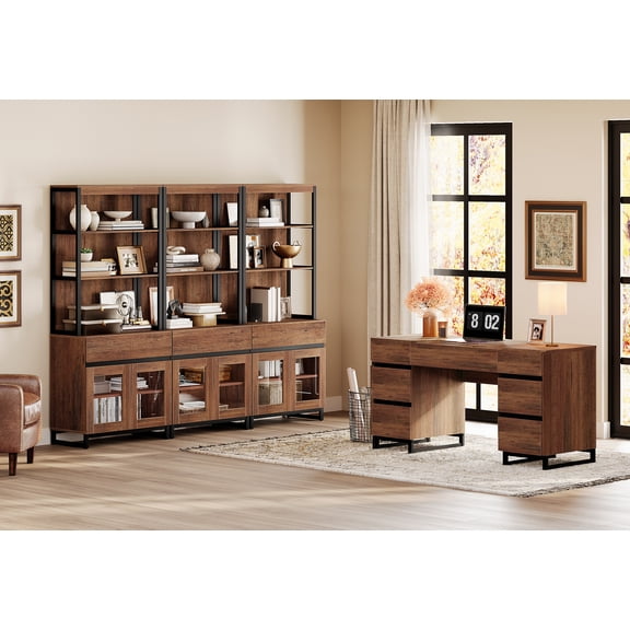 WAMPAT Home Office Furniture Set: 59in Modern Executive Desk with Charging Station & Drawers and Three 72in Tall Bookcases with Storage Cabinet, Home Office Furniture for Living Room, Brown
