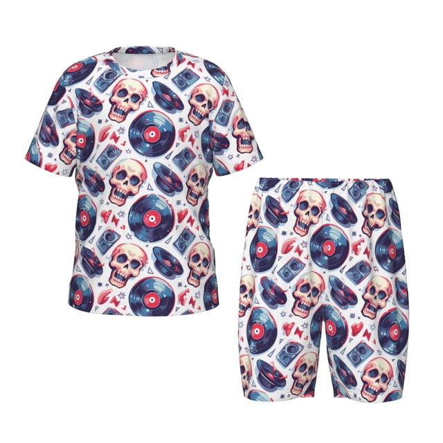 Balery record rock music Skull Conjunto de Pijama Infantil de Manga Corta con Estampado – Ropa de Dormir de Algodón Suave-Large