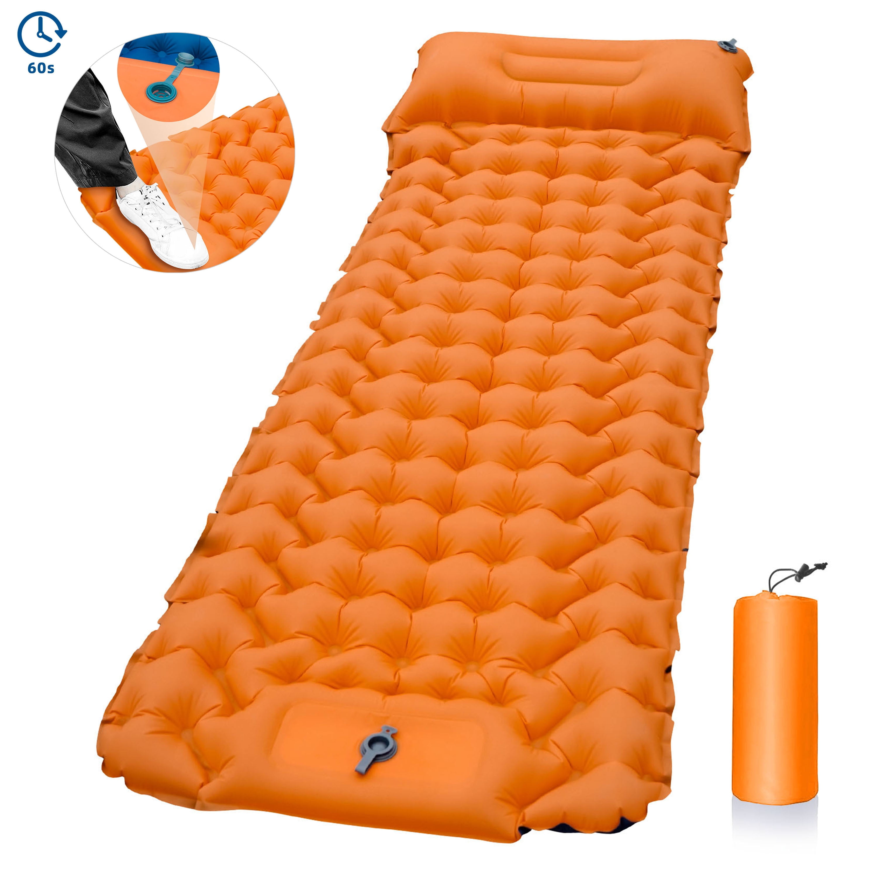 Sleeping Pad for Camping with Pillow,Ultralight Backpacking Air Mattress w/Compact Carrying Bag,Comfortable Foam Camping Mat for Hiking Traveling & Outdoor Activities（Orange)