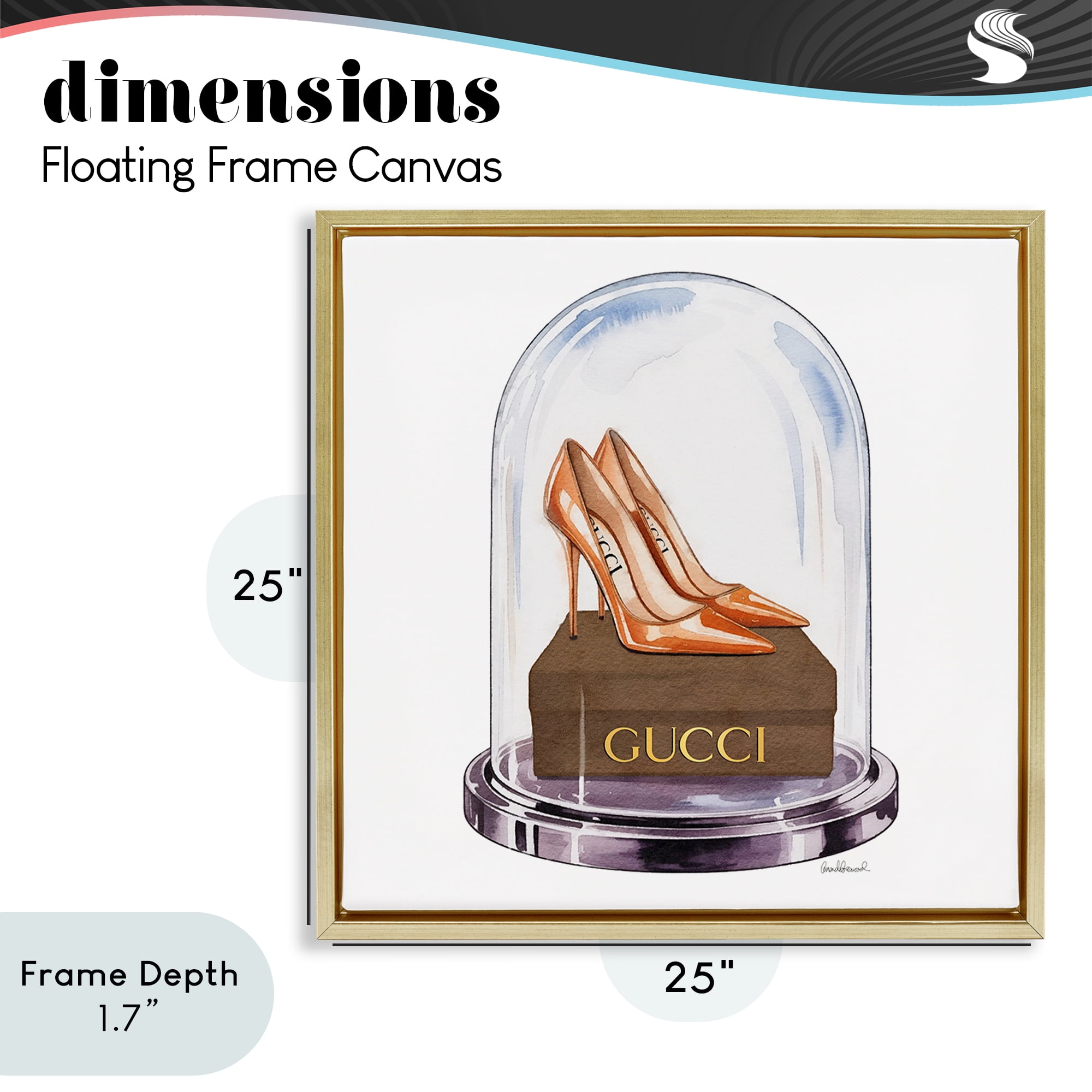 Stupell Industries Satin Heels in Bell Jar Gold Framed Floater Canvas Wall Art, design by Amanda Greenwood
