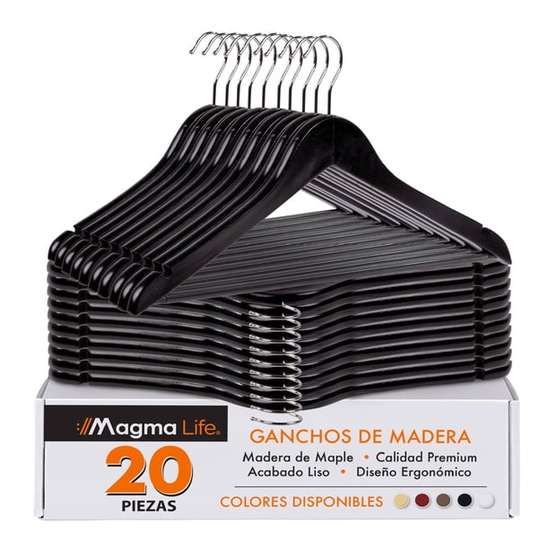 20 Ganchos de Madera para Ropa: Gancho Plateado Giratorio de 360 Grados - Color Black