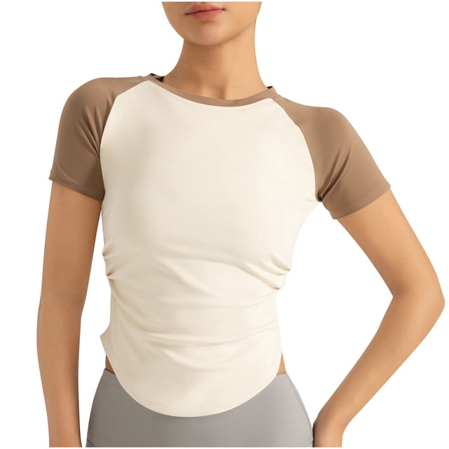 Plebaso T-shirts de Base pour Femmes à Manches Courtes, T-Shirts Décontractés Ajustés à Blocs de Couleur, Col Ras du Cou, Courts pour Sorties