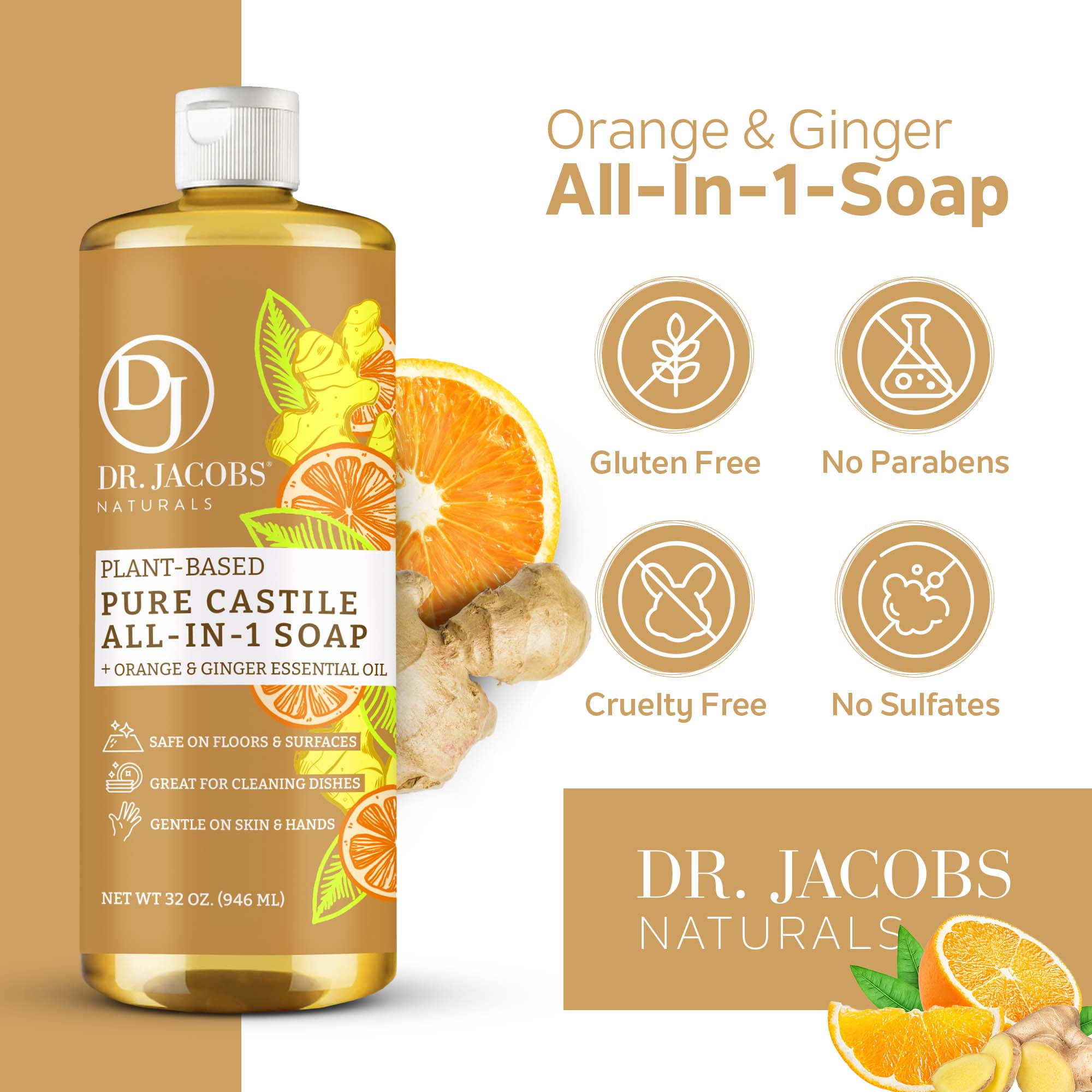 Dr. Jacobs Naturals Orange & Ginger Castile Soap All-In-One Cleaner Plant-Based Formula, 32 Fl. Oz. 3-Pack