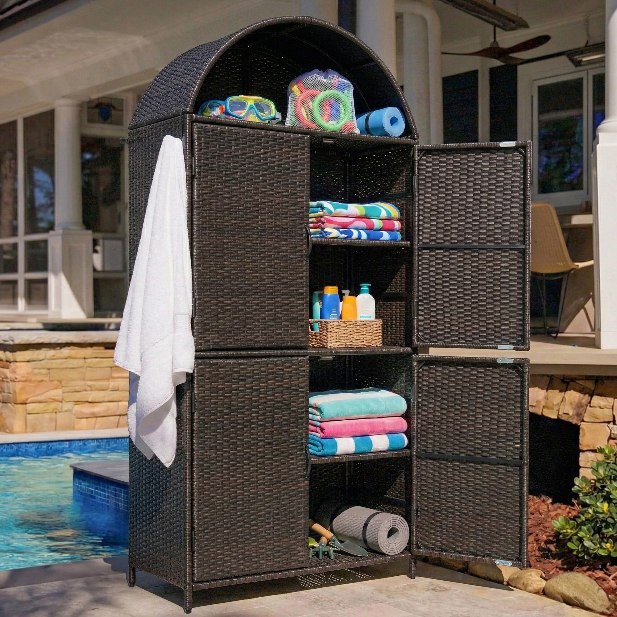 AENKYO 72" Arched Wicker Outdoor Storage Cabinet, Vertical Poolside Towel Holder & Rattan Garden Shed, Black & Brown