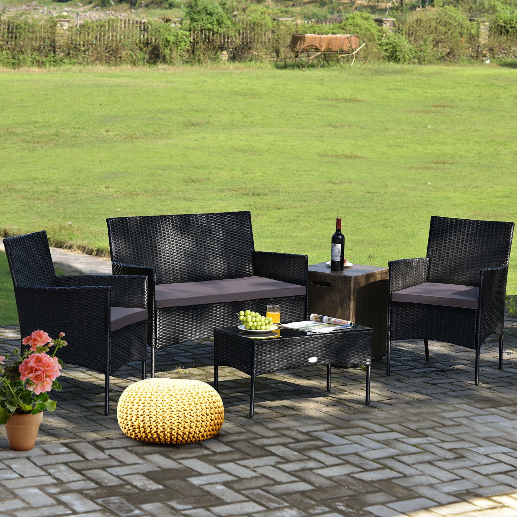 Costway 8PCS Patio Rattan Furniture Set Cushioned Sofa Coffee Table Backyard Grey