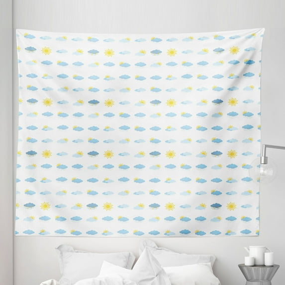 Blue Yellow Tapestry, Meteorology Clouds Sun Bolts Rain Snow Natural Phenomena, Fabric Wall Hanging Decor for Bedroom Living Room Dorm, 5 Sizes, Pale Blue and Yellow, by Ambesonne