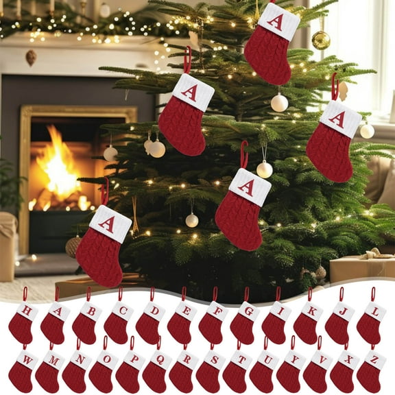 Leodye 1pcs Christmas Stockings with Initials, 7X6 Inches Small Embroidered Letter Knit Christmas Stocking for Family Holiday Decorations and Xmas Tree Fireplace