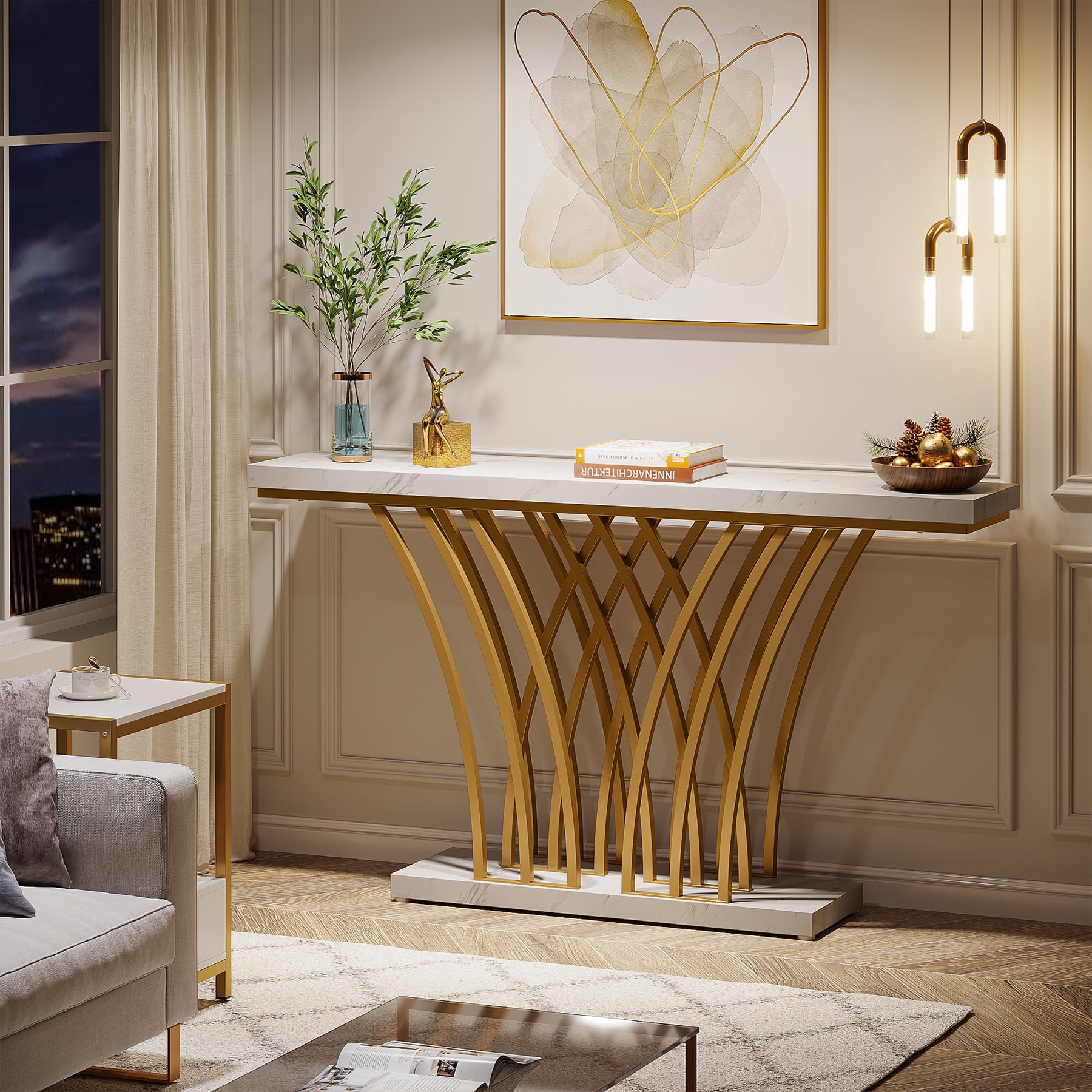 Tribesigns Modern Faux Marble Console Table, 59" Narrow sofa Entryway Tables with Metal Base for Living Room, Hallway and Foyer,White & Gold
