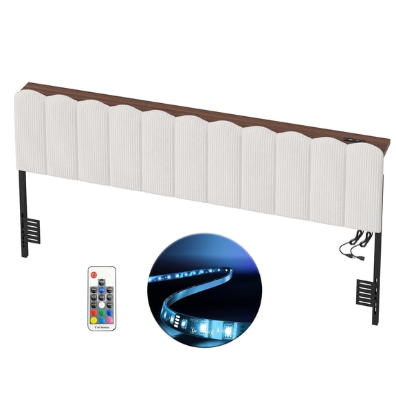 Pinmoco Queen Size Upholstered Headboard with Storage Shelf, Type-C and USB Charging Station, Modern Beige Striped Velvet, Aurora LED Lights, Bed Headboard Only