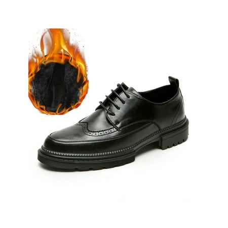 

Difumos Men Leather Shoe Oxford Brogue Dress Shoes Wingtip Flats Business Fashion Comfortable Pointed Toe Black with Plush 6