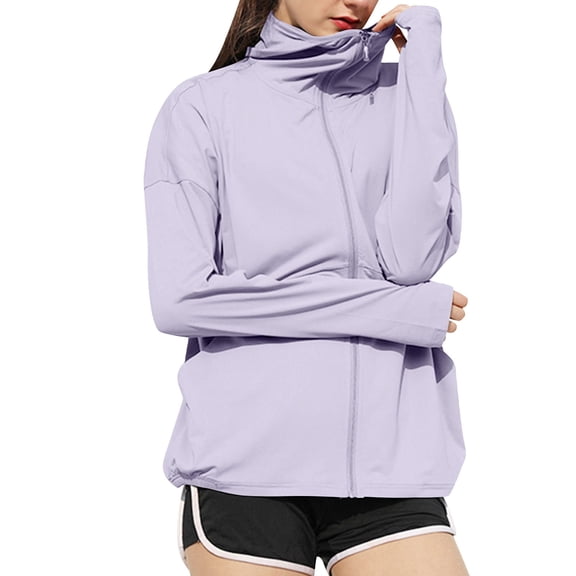 Xfvqtps Womens Light Jacket with Neck Cover Cooling Ice Silk Sun Protection Hoodie Full Zip Solid Color Shirts for UV Outdoor Hiking Running Purple