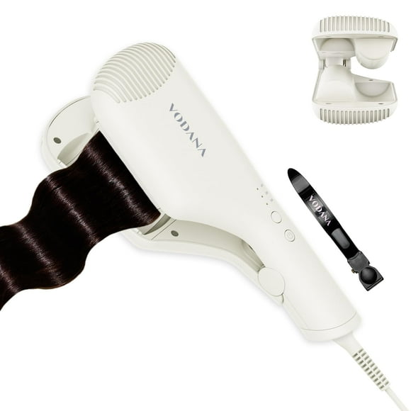 VODANA Onda de cabello compacta de triple flujo: rizador de cerámica portátil, ondas de playa de larga duración, doble barril de calentamiento rápido (1,5 pulgadas, marfil)