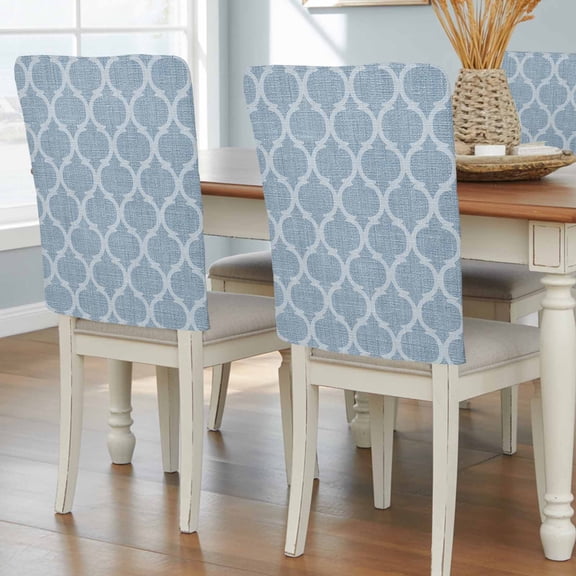 Sky Blue Morocco Chair Back Covers, Farmhouse Geometric Quatrefoil Grid Removable Chair Covers for Dining Chairs Set of 4, Washable Chairs Slipcovers Back Seat Protector for Wedding Party 19"x20"