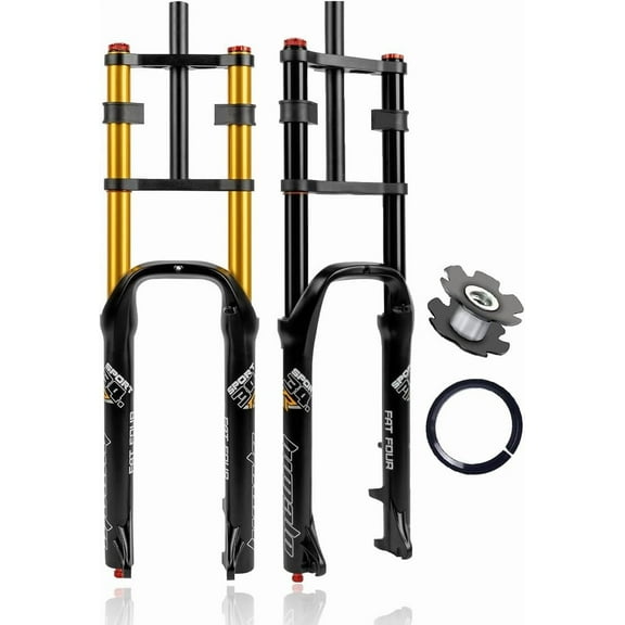 26 Inch 4.0 Tire Fat Bike Fork Travel 190mm Mountain Bike Suspension Fork 1-1/8" Straight E-Bike Air Fork Damping Adjust Double Crown Front Fork 9 * 135mm QR Manual Lockout Disc Brake(Gold)