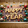 thumbnail image 5 of Gold Foil Happy New Year Banner Balloon Design New Year Display Colorful Ornaments Pine Branches Holiday Backdrop for New Year Party Christmas Celebration Indoor Decoration, 5 of 9
