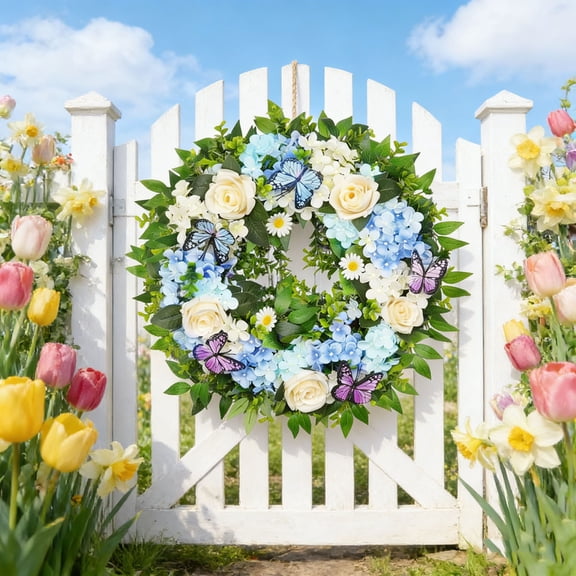 SCNOR Blue Easter Spring Wreath with Butterflies, Artificial Hydrangea & Roses for Front Door Outdoor Decor, 19.6 Inch